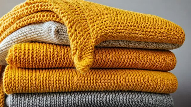 A stack of neatly folded knit sweaters in various warm hues is showcased in a bright and inviting living room, creating a cozy atmosphere