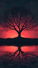Naklejka premium silhouette of a barren tree against a dramatic sunset