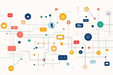 Abstract network with geometric shapes and connecting lines.