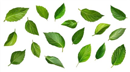 Fototapeta premium Variety of Fresh Green Leaves Isolated on White Background