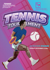 Tennis Tournament poster with a modern style with a purple theme and in the background there is an illustration of a tennis court, very elegant for a sporty, active and dynamic sports poster.