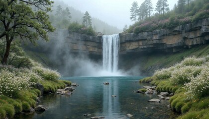 Obraz premium Serene Waterfall Amidst Wildflowers