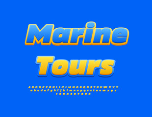 Vector Recreation Emblem Marine Tours. Sunny Yellow Font. Creative Abstract Alphabet Letters and Numbers set.