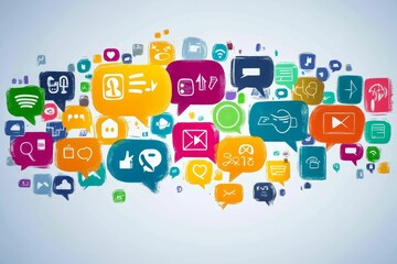 Speech bubbles with iconographic communication symbols on white.