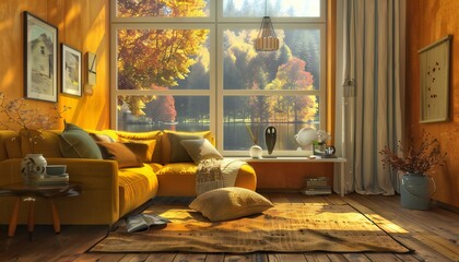 A room bathed in warm orange hues, overlooking a vibrant autumn scene
