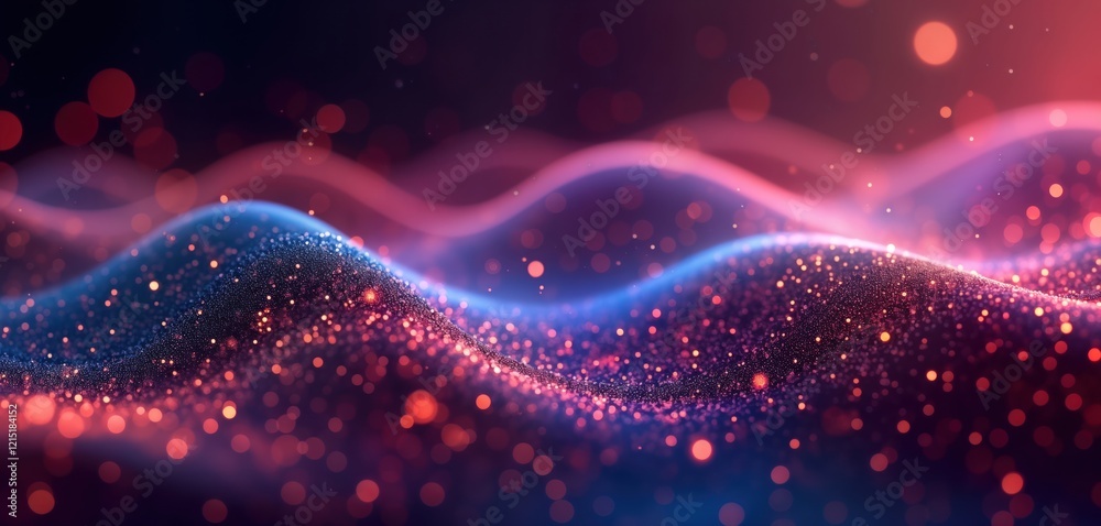 Poster abstract digital particles create flowing wave patterns. glowing vibrant colors blend into dynamic s
