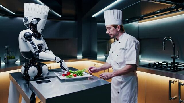 Robot chef preparing fresh ingredients in a modern kitchen while a chef supervises the culinary process