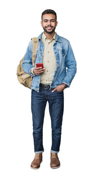 Cheerful young man standing confident isolated in transparent PNG, Full length studio portrait of smiling student man  with smart phone and backpack
