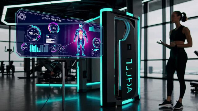 Fitness enthusiast uses advanced technology to track body metrics in modern gym environment