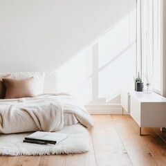 A Cozy Minimalist Bedroom is designed to harness Natural Light creating a warm atmosphere. Blank white empty wall mockup