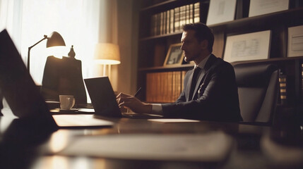 Focused Businessman at a Desk with Laptop in a Quiet and Sophisticated Office Workspace - Image Made Using Generative AI