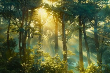 Fototapeta premium Sunbeams illuminate misty woodland creating a magical and enchanting atmosphere