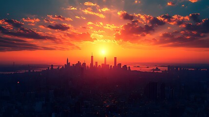 Obraz premium Fiery Manhattan sunset, city skyline, dramatic clouds, aerial view