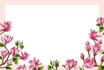 Delicate frame with pink magnolia flowers, perfect for spring greetings, cards, invitations, and other designs