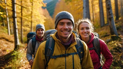 Adventurous hikers explore a vibrant autumn forest, embracing the crisp air and beautiful landscapes under a canopy of golden leaves
