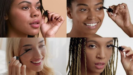 Four women of varying backgrounds engage in their skin care and beauty routines, highlighting mascara application. Each woman shows unique techniques and expressions of joy and confidence.