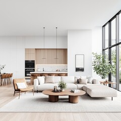 A modern living room showcasing minimalist design with light colors, cozy furniture, and large windows for natural light.