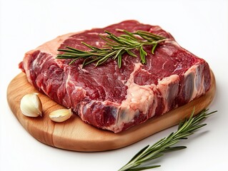 Obraz premium A variety of fresh raw meats including beef, pork, and chicken displayed on a wooden cutting board, garnished with herbs and peppercorns.