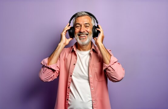 Mature man enjoys music with headphones. He wears a pink shirt and smiles broadly against a vibrant purple background. He is likely enjoying a casual moment in a studio setting.