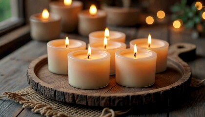 Aromatic Soy Candles on Rustic Wood Tray