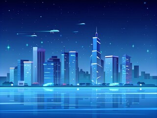 Vector city at night with glowing windows and modern architecture for urban background

