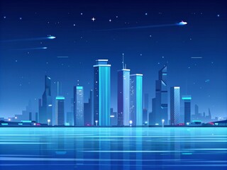 Vector night city background with glowing skyline and illuminated skyscrapers

