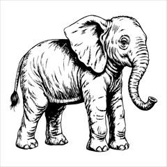 Black and white drawing of a baby elephant