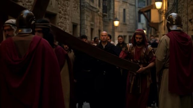 Religious procession with cross in historic street for faith, tradition and devotion. Men in traditional attire reenacting sacred events for spirituality and culture