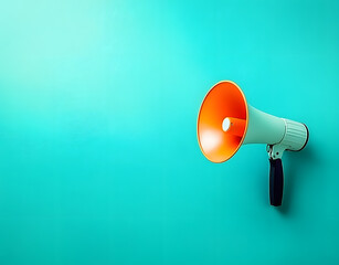 Orange megaphone on turquoise background. Blank megaphone on mint green surface. Call to action in presentation. Call to participate engage. Visual aids for important announcements, summaries.