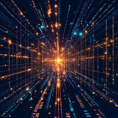 A vibrant digital tunnel bursting with luminous lines and binary codes, illustrating advanced technology and data flow.