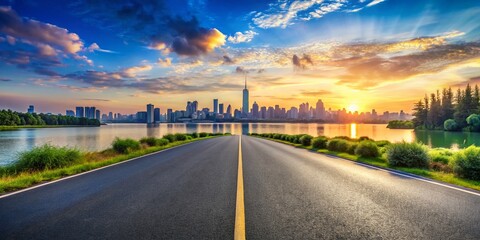 Obraz premium Panoramic City Skyline, Asphalt Road & Lake - Stunning Landscape Stock Photo