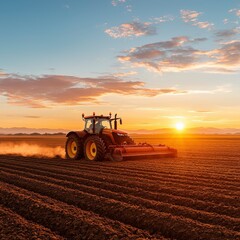 Fototapeta premium A vibrant sunset illuminates a tractor working on freshly plowed soil, showcasing the beauty of agriculture and sustainability.