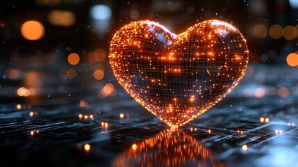 Glowing digital heart, city night, tech background, love concept