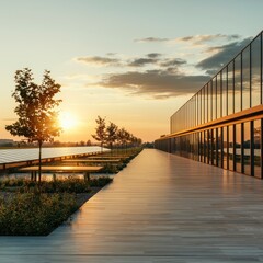 Obraz premium Modern architecture showcasing a serene walkway and vibrant sunset, blending nature with contemporary design.