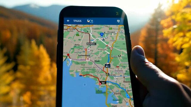 First person view of a hiker using smartphone's GPS app in autumn mountain forest travel. The hiker checks their GPS, surrounded by the warm hues of autumn leaves in the forest.
