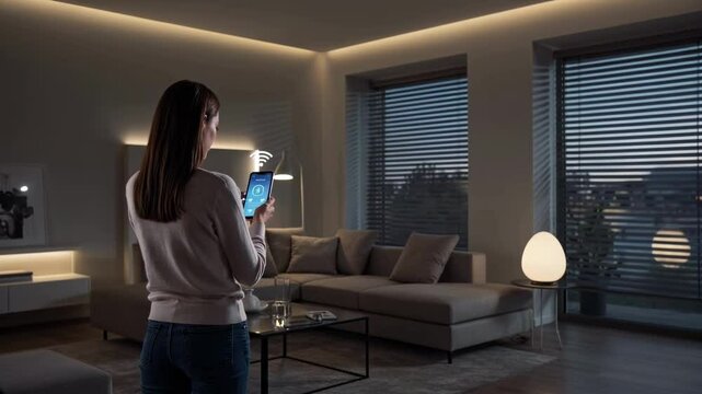 Woman using a tablet to control smart home devices in a modern living room, emphasizing innovation, technology, and convenience