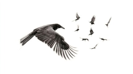 Obraz premium Black Bird Flying Among Small Birds in White Background Scene