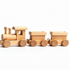 Unpainted wooden train toy on a white isolated background with space for text. Ideal for eco-friendly product ads, children's catalogs, or sustainable project campaigns.