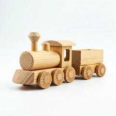 Unpainted wooden train toy on a white isolated background with space for text. Ideal for eco-friendly product ads, children's catalogs, or sustainable project campaigns.