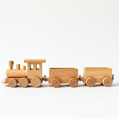 Unpainted wooden train toy on a white isolated background with space for text. Ideal for eco-friendly product ads, children's catalogs, or sustainable project campaigns.