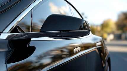 Close-up of the side mirror on an electric car, reflecting the road and sky in clear detail.