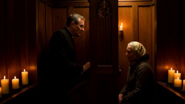 Priest and elderly woman in a wooden confessional illuminated by soft candlelight, symbolizing faith, forgiveness, and spiritual connection