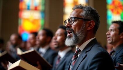 African American man sings in church choir. Leads group with deep emotion, passion. Men wearing suits sing hymns in church. Many people in choir. Warm, spiritual moment of community worship.