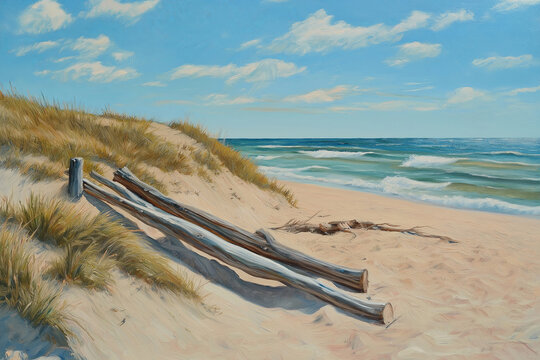 A scenic beach with rolling dunes and weathered driftwood creating a picturesque view