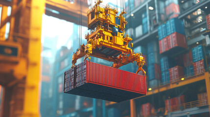 A container crane is actively lifting a red cargo box at a bustling port, facilitating the transportation of merchandise between large cargo ships and shore