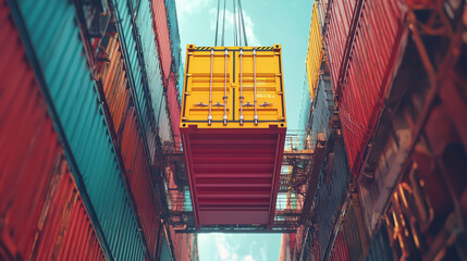 A container crane hovers over a busy port, lifting a brightly colored cargo container surrounded by towering shipping containers