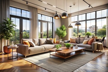 Fototapeta premium Panoramic Modern Living Room Interior Design, 3D Render