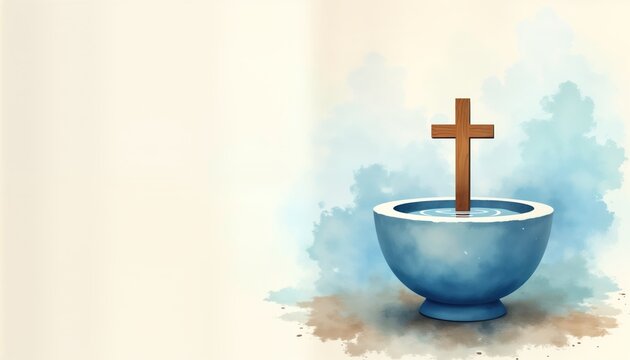 Minimalist watercolor illustration baptismal font with wooden cross immersed in water. Religious symbol of Christianity. Antique baptismal font. Simple, elegant design. Copy space on side for text