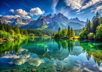Fototapeta premium Panoramic Mountain Lake Landscape: Serenity in Nature