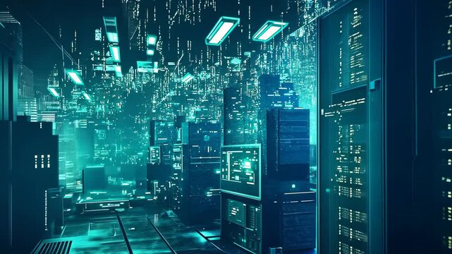 Blue cyber data center glowing lights.Servers house stacked rows shining brightly.Technology peak operational database.Secure and sophisticated network hub.Modern information storage facility cool.